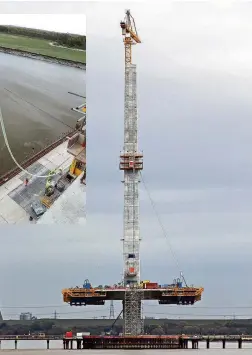  ??  ?? The first of 146 stay cables has been installed on the Mersey Gateway bridge. Inset: the cable is lifted into place