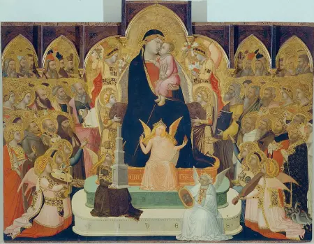  ??  ?? Capolavoro Tra le opere in mostra a Siena la sontuosa «Maestà» di Massa Marittima