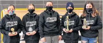  ?? CONTRIBUTE­D • CAPE BRETON BLIZZARD ?? The Cape Breton Blizzard Under-13 ‘AAA’ team annual award winners for the 2020-21 season are from left, Cassie Cremo (most sportsmanl­ike player), Avery MacNeil (most improved player), Nya Kennedy (coach), Vada Kennedy (coach’s award for leadership) and Ryelyn Gabriel (most dedicated player).
