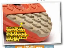  ?? ?? StickyFoot Dura es como se llama la goma de la puntera y talón, más resistente al roce que la de la zona media del pie.