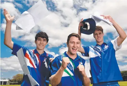  ??  ?? Ignatius Park College Year 12 students Joseba Kelly, Maverick Pegoraro and Matthew Kirkpatric­k celebrate the end of school. Picture: EVAN MORGAN