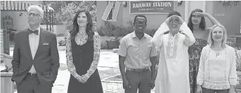  ?? PHOTOS BY COLLEEN HAYES/ NBC ?? From left, Danson, D’Arcy Carden, William Jackson Harper, Manny Jacinto, Jameela Jamil and Bell explore the afterlife on NBC’s “The Good Place.”