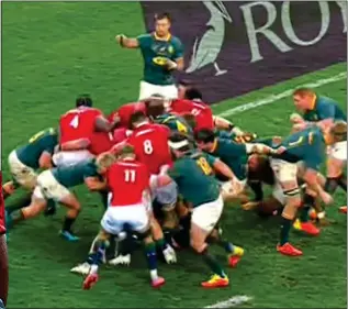  ??  ?? BACK TO FRONTS: Backs Ali Price, Robbie Henshaw and Duhan van der Merwe (No11) bundle in with the eight Lions forwards for an 11-man shove from the rolling maul to get the ball over the line and score a try