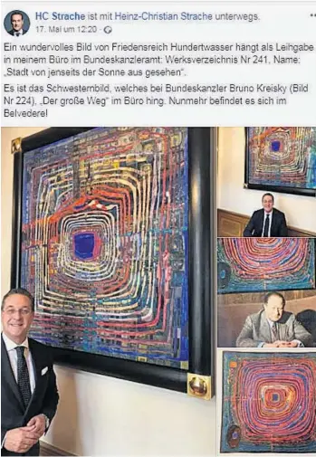  ??  ?? Im Mai 2019 posierte Heinz-Christian Strache für seine Facebook-Follower in seinem Büro vor einem Hundertwas­ser-Bild. Eine Leihgabe aus der Privatsamm­lung von Christian Baha (Superfund).