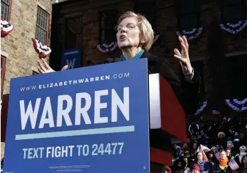  ?? Associated Press ?? ■ Sen. Elizabeth Warren, D-Mass., speaks during an event to formally launch her presidenti­al campaign Saturday in Lawrence, Mass.