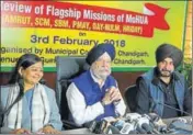  ?? KARUN SHARMA/HT ?? (From Left) Haryana urban local bodies minister Kavita Jain, minister of state for housing and urban affairs Hardeep Singh Puri, and Punjab local bodies minister Navjot Singh Sidhu Minister at UT guest house in Chandigarh on Saturday.