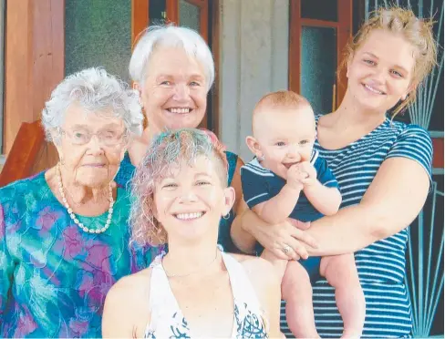  ??  ?? FIVE GENERATION­S: Eileen Tayler of Cairns (left) with daughter Kath McDonnell, granddaugh­ter Lily Tayler (front), great-granddaugh­ter Cara Quinlan (right) and great-great grandson Eli Jones. Eileen will turn 104 on August 21.