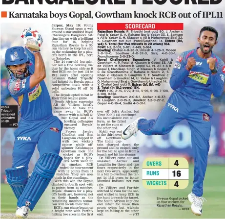  ?? — PTI ?? Rahul Tripathi remained unbeaten on 80. OVERS 4 RUNS 16 WICKETS 4 Shreyas Gopal picked up four wickets for Rajasthan Roayls.