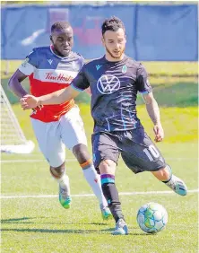  ?? CANADIAN PREMIER LEAGUE ?? Marco Bustos, on the ball for Pacific FC, scored five goals in 10 games in the pandemic-abbreviate­d 2020 season.