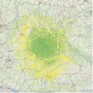  ??  ?? Die bei Rundstrahl­ung errechnete Karte für den Sender Dillberg zeigt die Reichweite mit 10 kW