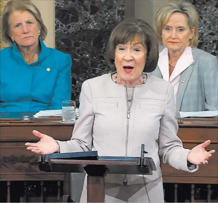  ??  ?? The Associated Press Sen. Susan Collins, R-maine., speaks Friday about her plan to vote in support of Supreme Court nominee Judge Brett Kavanaugh, at top.