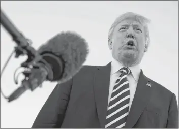  ?? AP PHOTO ?? President Donald Trump speaks to media after a campaign rally before boarding Air Force One at Elko Regional Airport, Saturday, in Elko, Nev., en route to Washington.