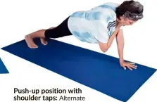  ??  ?? Push-up position with shoulder taps: Alternate tapping your shoulders with the opposite hand.