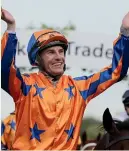  ?? TRISH DUNELL ?? Craig Zackey celebrates after his win on Tokyo Tycoon yesterday.