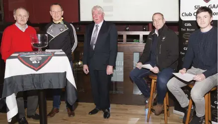  ??  ?? Donie Kerby, Bill Carty, Joe Taaffe, Tommy Breheny and Cathal Mulaney at the Club Championsh­ip draw in the Belfry.