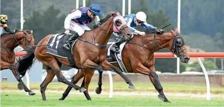  ??  ?? Gorbachev, inner, downs Dee And Gee in the Wellington Cup yesterday.