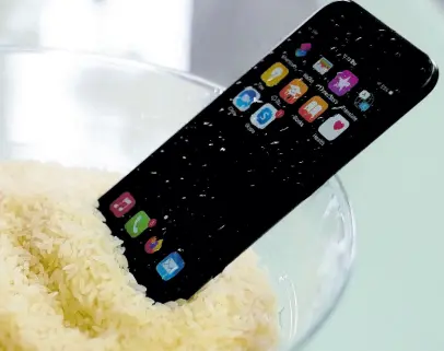  ?? AP ?? A view of a wet smartphone placed in a bowl of rice to dry, in London, Wednesday, Feb. 28, 2024.