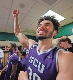  ?? GRAND CANYON UNIVERSITY ?? GCU players celebrate after beating Sam Houston in the 2023 WAC basketball tournament.