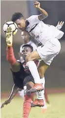  ?? FILE ?? Cavalier SC’s Alex Marshall (right) risks getting booted in the face by Arnett Garden FC’s Tamar Edwards as they battle for possession in a recent Red Stripe Premier League match.