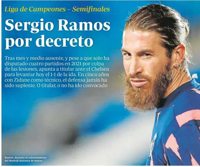  ??  ?? Ramos, durante el calentamie­nto del Madrid-Atalanta de marzo