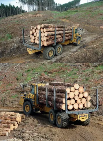  ??  ?? Middle and bottom left: The driver can lock the transmissi­on into any gear to maintain progress on challengin­g tracks and call upon diff locks when the going gets really tough – there’s also a retarder to slow it down on hills.
Top left: The standard...