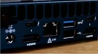  ??  ?? BELOW Alongside the HDMI, USB-A and Ethernet ports on the rear, there are two USB-C 4 ports – one of which supports Thunderbol­t 4