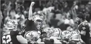  ?? AP/BUTCH DILL ?? New Orleans Saints kicker Wil Lutz celebrates his game-winning 58-yard field goal at the end of regulation in the second half of an NFL football game Monday against the Houston Texans in New Orleans.