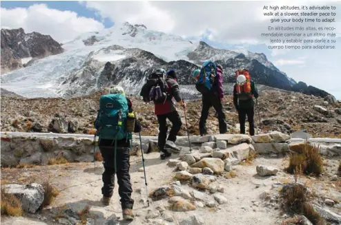  ??  ?? At high altitudes, it’s advisable to walk at a slower, steadier pace to give your body time to adapt. En altitudes más altas, es recomendab­le caminar a un ritmo más lento y estable para darle a su cuerpo tiempo para adaptarse.