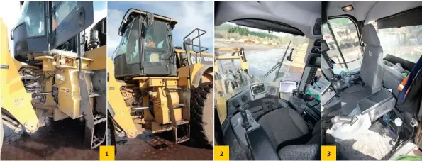  ??  ?? 1
2 1: Two of the upgrades on this machine are the big sturdy pivot and the less-steep steps up to the cab. 2: Great office space for the operator, which even includes a heated seat.
3: The large storage box behind the seat holds plenty of gear.
3