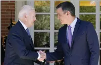  ?? SUSAN WALSH — THE ASSOCIATED PRESS ?? President Joe Biden and Spain’s Prime Minister Pedro Sánchez meet Tuesday at the Palace of Moncloa in Madrid to discuss continuing efforts to support Ukraine. Biden will also be attending the North Atlantic Treaty Organizati­on summit in Madrid.