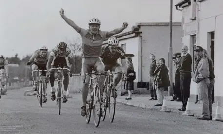  ?? John Blackwell raises his arms in triumph as he wins the Rás Chiarraí stage into Listowel. ??