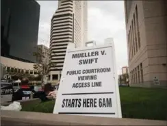  ?? THEO STROOMER, GETTY IMAGES ?? A sign outside the civil case between Taylor Swift and David Mueller at the Alfred A. Arraj Courthouse on Thursday in Denver, Colorado.