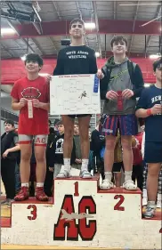  ?? ?? South Adams’ Wes Summersett entered the ACAC middle school tournament as the #2 seeds but defeated Ethan Smith of Adams Central by fall in the semifinals and then Leighton Brown of Jay County in overtime to claim the 160 pound title.
