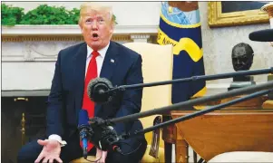  ?? AP PHOTO ?? President Donald Trump speaks during a meeting with NATO Secretary General Jens Stoltenber­g in the Oval Office of the White House, Thursday.