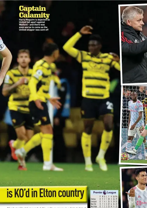  ?? ?? Captain Calamity Harry Maguire is dejected as United fall apart against Watford - and there was even worse to come as the United skipper was sent off