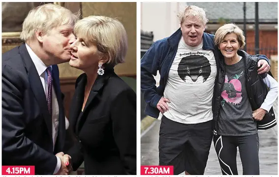  ??  ?? Sheepish: Boris Johnson, left, after kissing his Australian counterpar­t Julie Bishop. Above, the pair out jogging yesterday morning