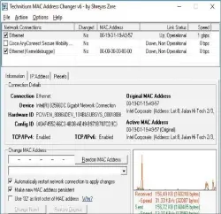  ??  ?? Der Technitium MAC Address Changer kommt auch mit Wlan-adaptern zurecht und zeigt außerdem den laufenden Datendurch­satz und die Ip-adresse an.