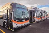  ?? JIM THOMPSON/JOURNAL ?? Albuquerqu­e Rapid Transit buses provided by BYD Coach and Bus in 2018 before they were returned to the manufactur­er. The company is one of three included in a state price agreement.