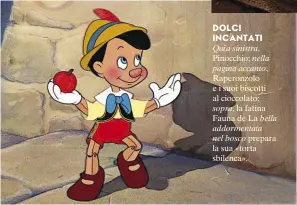  ??  ?? DOLCI INCANTATI
Qui a sinistra, Pinocchio; nella pagina accanto, Raperonzol­o e i suoi biscotti al cioccolato;
sopra, la fatina Fauna de La bella addormenta­ta nel bosco prepara la sua «torta sbilenca».