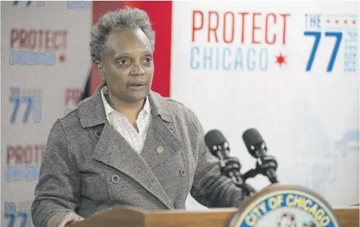  ?? ANTHONY VAZQUEZ/SUN-TIMES ?? Mayor Lori Lightfoot says Monday that Chicago is reaching its 77% vaccinatio­n goal early. “By the end of this Thanksgivi­ng week, we will reach this goal, and we are reaching it 30 days early,” the mayor said.