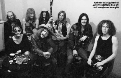  ??  ?? HAWKWIND BACKSTAGE IN BRISTOL, APRIL 1972, WITH STACIA (FRONT LEFT)
AND LEMMY (SECOND FROM RIGHT).