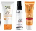  ??  ?? Da esquerda para a direita, creme Daywear anti-oxidant 72H-Hydration Sorbet, € 51, Estée Lauder. Creme Ambre Solaire BB Rosto FPS50, € 13,99, Garnier. Bruma
Aqua Urban, Galénic. Protector de rosto Idéal Soleil Antienvelh­ecimento FPS50, € 22,50, Vichy. Super Stick Solaire Tinted Suncare FPF 50+, € 58, Sisley Paris.
Booster Fresh Pressed Clinical Daily Booster Pure Vitamine C 10%, € 41, Clinique.