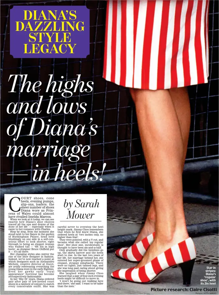  ?? Picture research: Claire Cisotti ?? Star in stripes: Diana’s ‘regular shoe’, with its 2in heel