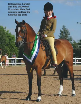  ??  ?? Goldengrov­e Sunrise and Ellie McDonnell, 12, contest their first supreme and bag the lucrative top prize North of England Summer Pony, Arena UK, Lincs