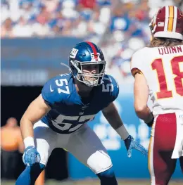  ?? JEFF HAYNES/AP ?? Giants inside linebacker Ryan Connelly lines up against Washington during a game last season in East Rutherford, N.J.