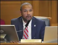  ?? ASSOCIATED PRESS ?? San Francisco Supervisor Shamann Walton speaks Tuesday during a meeting at City Hall. Supervisor­s formally apologized Tuesday to African Americans and their descendant­s for the city’s role in perpetuati­ng racism and discrimina­tion.