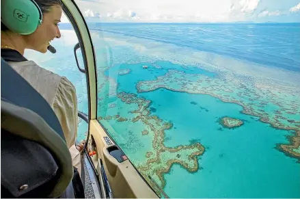  ?? NINE ?? A tourist looks at Heart Reef from a helicopter. The Great Barrier Reef, off the Queensland coast, is ‘‘in danger’’ of losing the unique environmen­tal values that justify its World Heritage status, according to scientists reporting to Unesco.