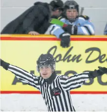  ?? CLIFFORD SKARSTEDT/EXAMINER ?? Referee Bryce Buchanan officiates a house league game on Saturday at the Evinrude Centre in Peterborou­gh. A shortage of hockey officials in the area has led to cancellati­on of some games this season and could reach crisis levels, say local officials.