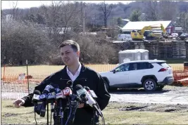  ?? MATT FREED — THE ASSOCIATED PRESS ?? Transporta­tion Secretary Pete Buttigieg speaks during a news conference Thursday near the site of the Feb. 3Norfolk Southern train derailment in East Palestine, Ohio.