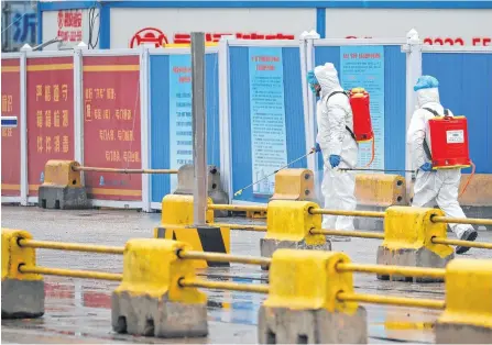  ?? REUTERS ?? Workers in PPE spray the ground with disinfecta­nt in Baishazhou market during a visit of a World Health Organizati­on team tasked with investigat­ing the origins of the coronaviru­s pandemic, in Wuhan, Hubei province, China.